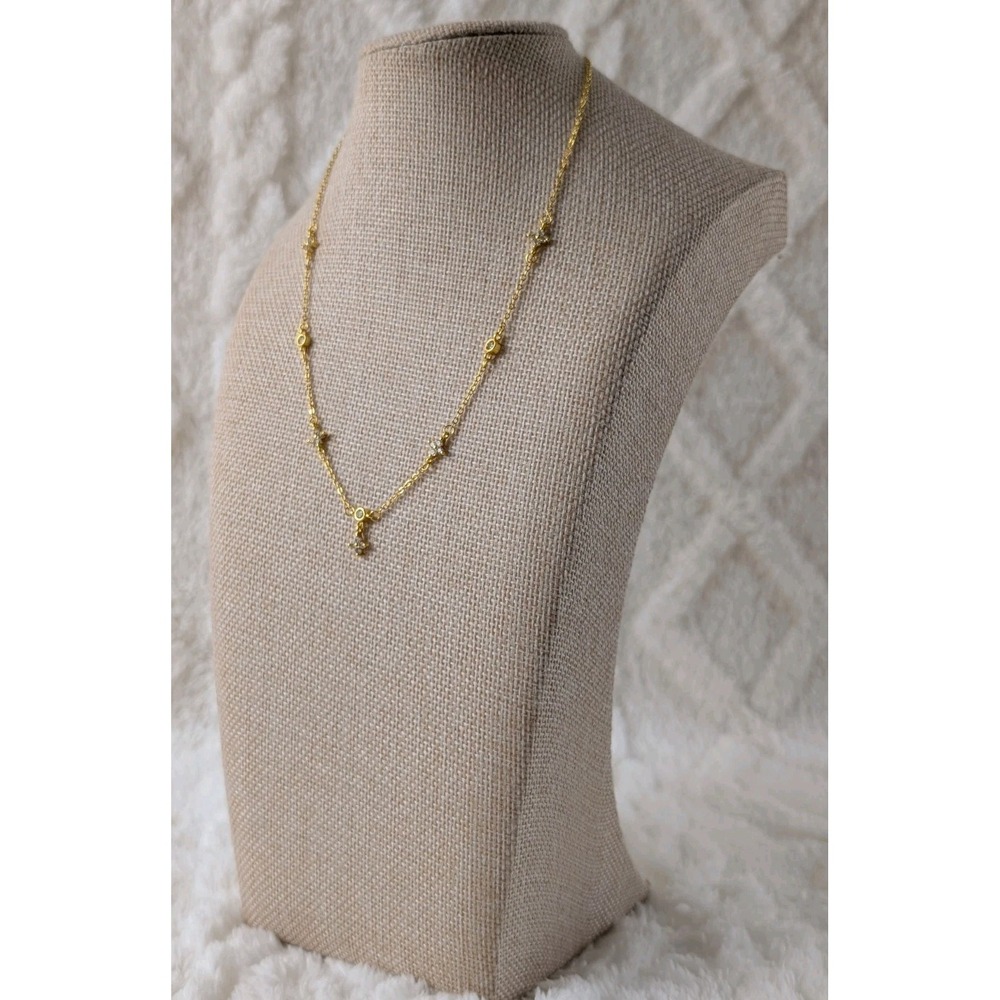 Gold Over Sterling 925 CZ Station Necklace Minimalist Dainty Jewelry